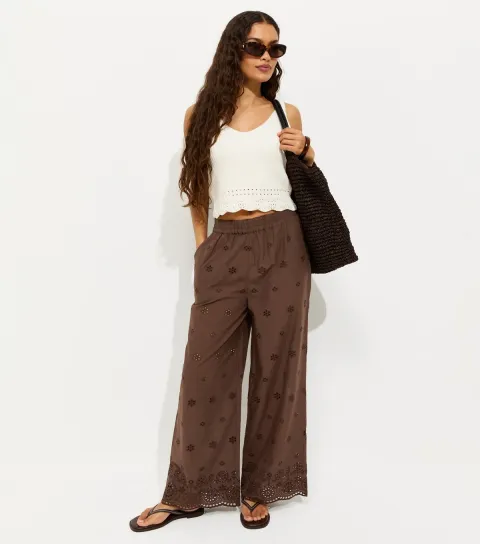 Petite Dark Brown Broderie Embroidered Wide Leg Trousers