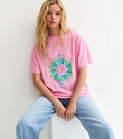 Bright Pink Soleil Mystic Print Oversized T-Shirt