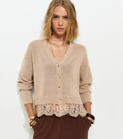 Stone Lace Trim V-Neck Cardigan