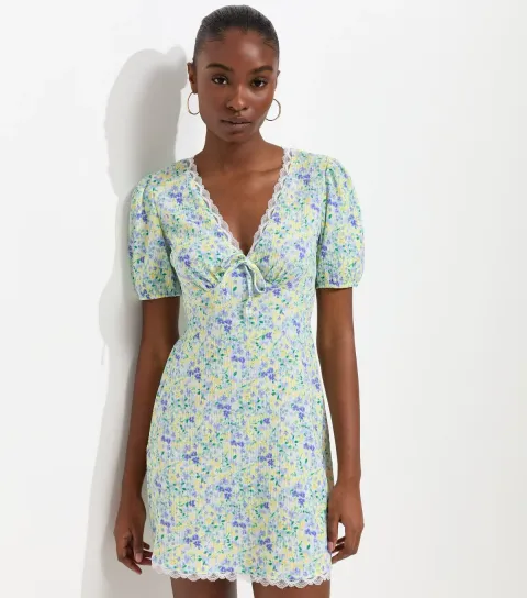 Blue Ditsy Floral V Neck Lace Trim Mini Dress