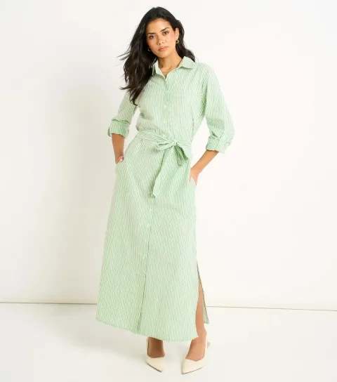 Green Striped Long Sleeved Midi Shirt Dress