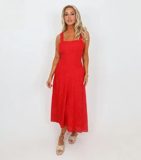 Bright Red Broderie Shirred Straps Midi Dress