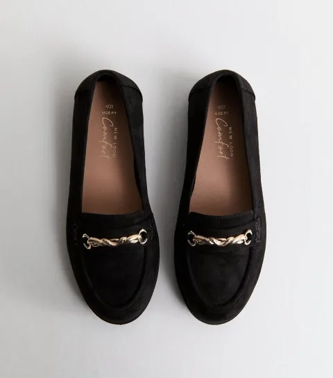 Wide Fit Black Faux Suede Chain Loafers Vegan