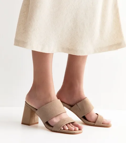 Wide Fit Faux Suede Light Brown Block Heel Mules Vegan