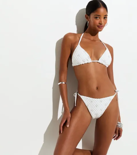 Premium White 3D Sequin Tie Side Bikini Bottoms