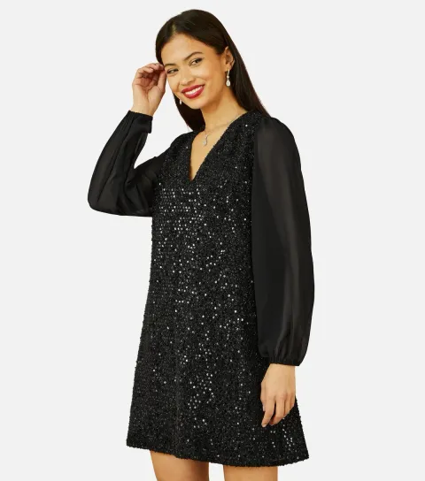 Black Sequin V Neck Tunic Dress