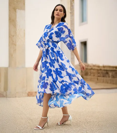 Blue Floral Print Wrap Midi Dress