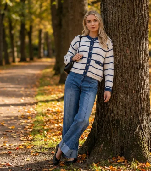 Off White Striped Denim Trim Cardigan