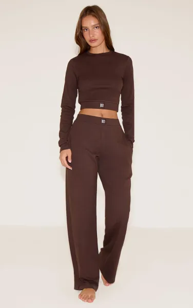 PrettyLittleThing Chocolate Sleep Rib Tonal Elastic Wide Leg Trousers