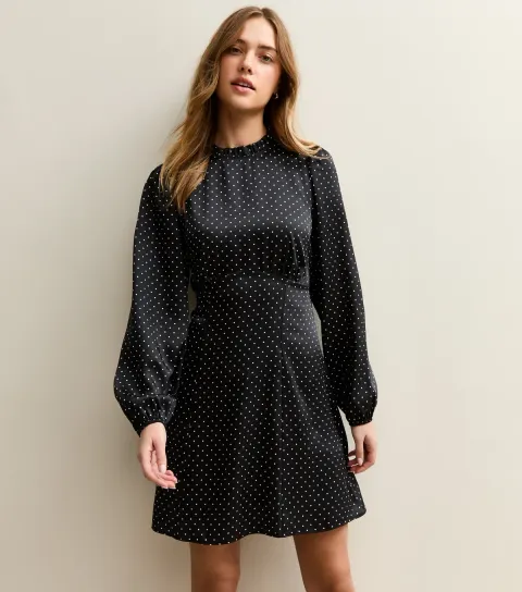 Black Polka Dot Long Sleeve Satin Mini Dress