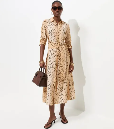 Brown Animal Print Long Sleeve Midi Shirt Dress
