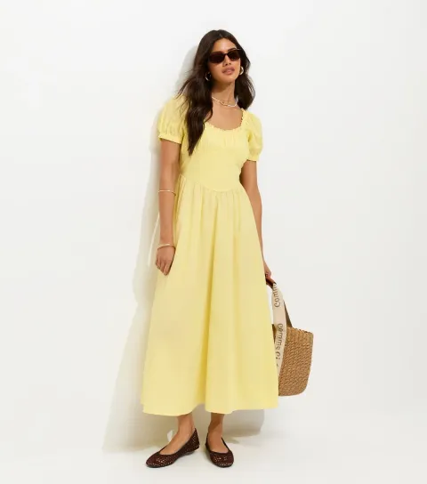 Light Yellow Lace Trim Milkmaid Midi Dress