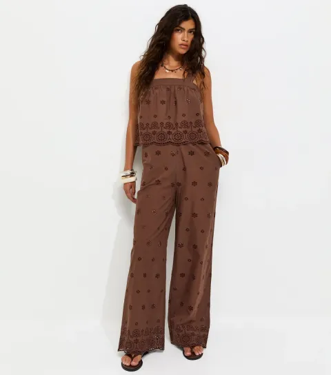 Brown Cotton Broderie Wide Leg Trousers