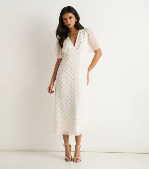 White V-Neck Foiled Midi Dress
