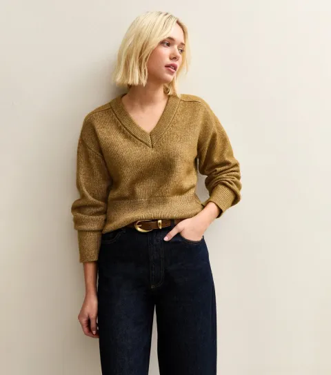Light Khaki Cropped V-Neck Knitted Jumper