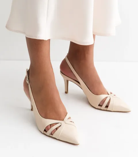Off White Faux Leather Cut Out Slingback Court Shoes Vegan
