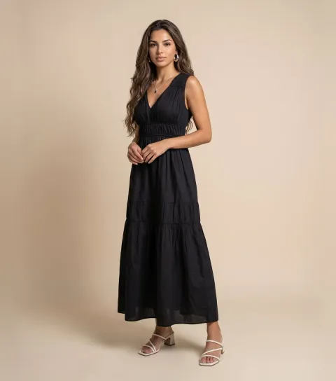 Black Cotton Poplin Ruched Maxi Dress