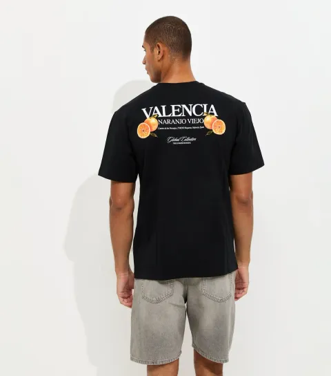 Black Cotton Regular Fit Valencia Fruit Print T-Shirt