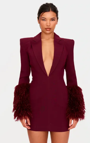 PLT Label Burgundy Faux Shearling Cuff Tailored Blazer Dress