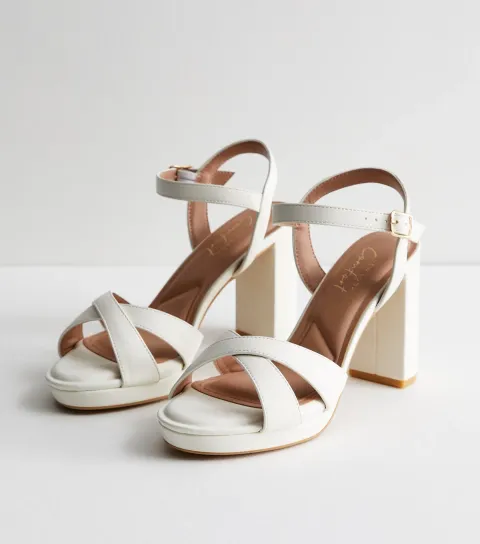 White Cross Over Platform Block Heel Sandals