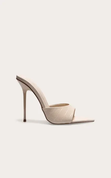 Cream Croc Pu Point Toe High Stiletto Heeled Mules