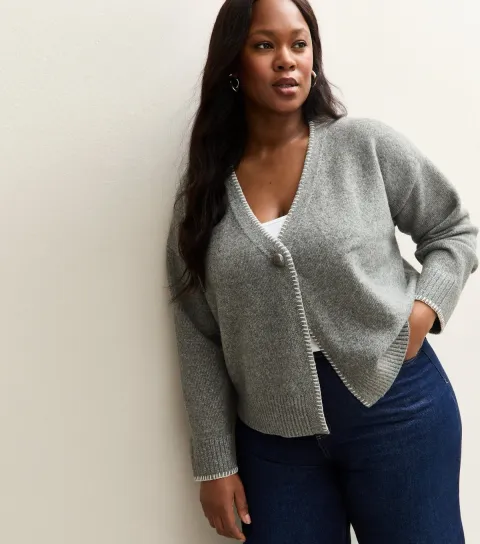 Plus Size Mid Grey Blanket Stitch V-Neck Cardigan Curves