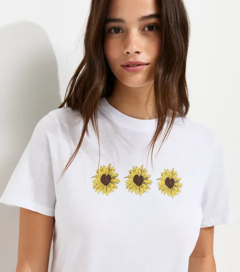 White Cotton Sunflower Print Relaxed T-Shirt