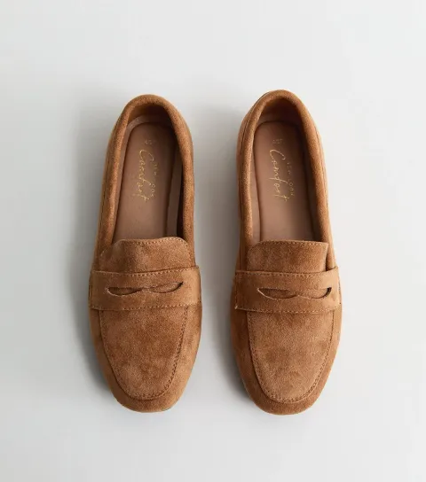 Tan Faux Suede Flat Penny Loafers Vegan