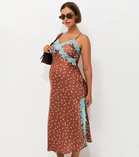 Maternity Brown Spot Print Lace Trim Midi Dress
