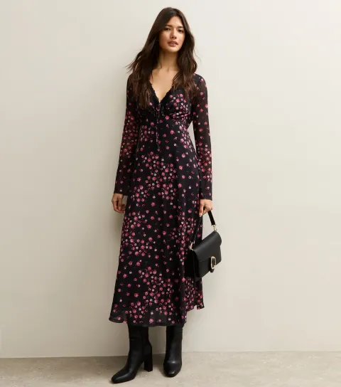 Black Rose Mesh Long Sleeve Midi Dress