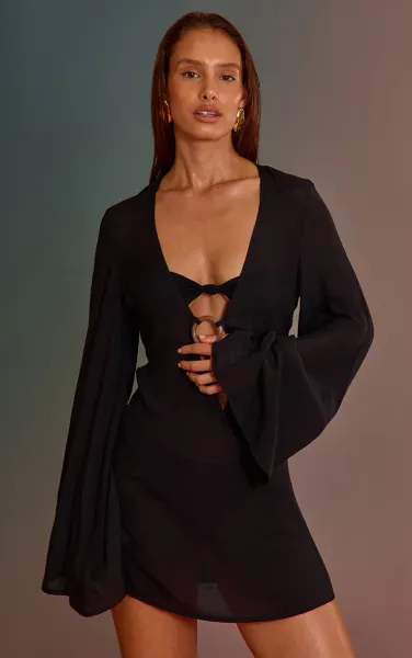 Black Linen Look O-ring Flute Sleeve Beach Dress