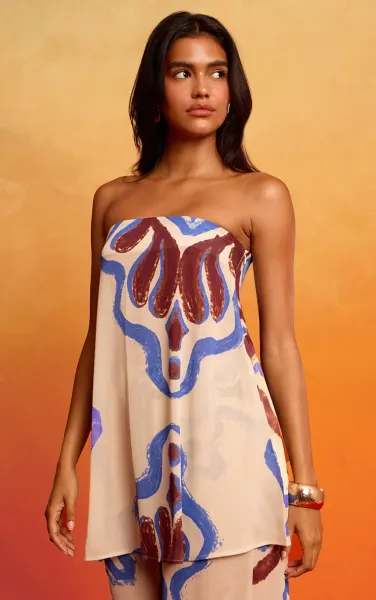 Cream Tile Print Crinkle Bandeau Long Top