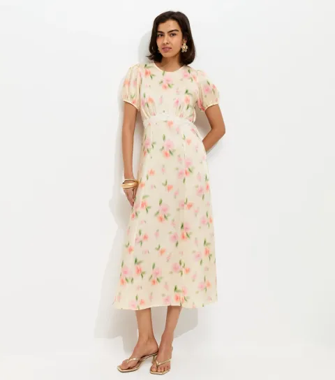 Cream Blurred Floral Print Midi Dress