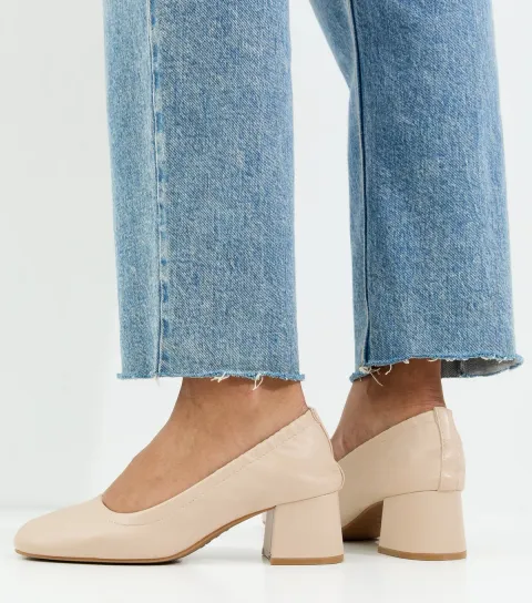 Off White Faux Leather Elasticated Block Heel Ballet Pumps Vegan