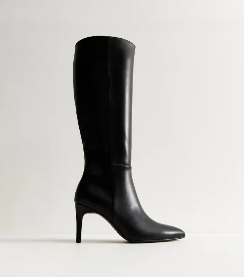 Black Faux Leather Zip Up Stiletto Knee High Boots Vegan