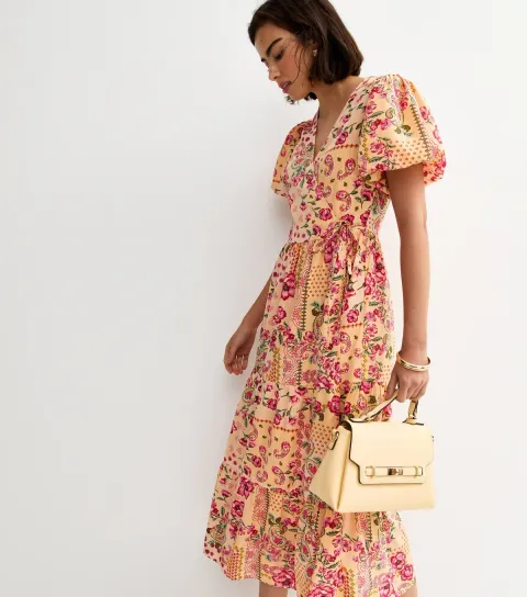 Pink Crepe Patch Print Wrap Midi Dress