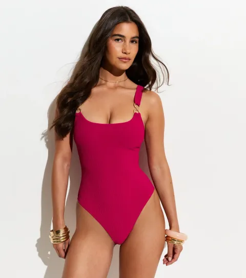 Dark Pink Tummy Control Double Ring Trim Swimsuit