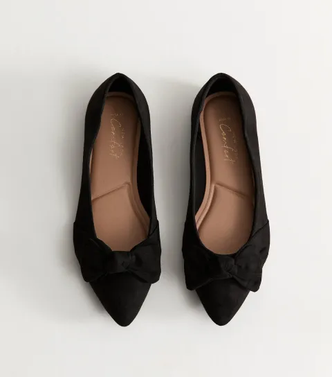Wide Fit Black Faux Suede Bow Ballet Pumps Vegan
