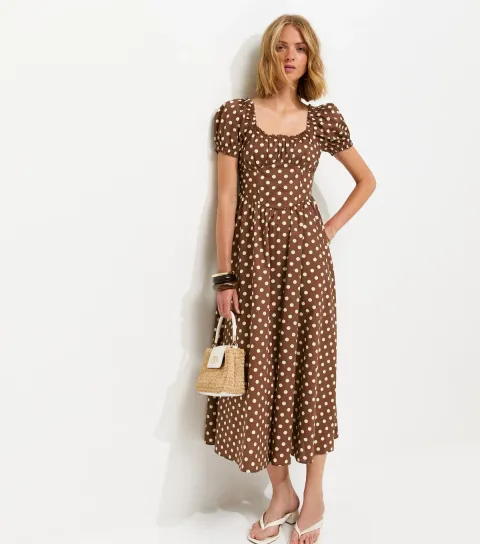 Brown Cotton Polka Dot Ruched Midi Dress