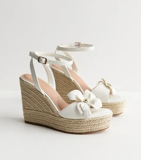 Off White Faux Leather Flower Wedge Sandals Vegan