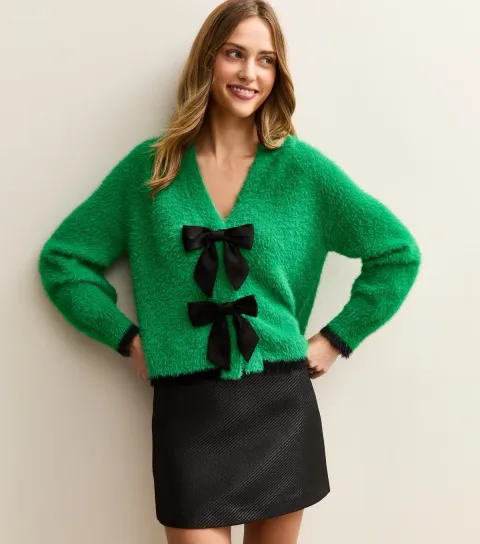 Mid Green Fluffy Satin Bow Cardigan