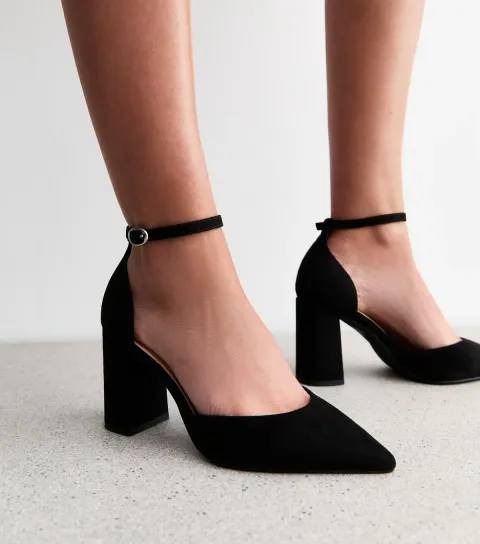 Wide Fit Black Faux Suede Open Court Shoes Vegan