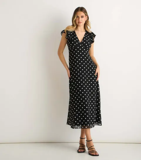 Black Polka Dot V-Neck Skater Midi Dress