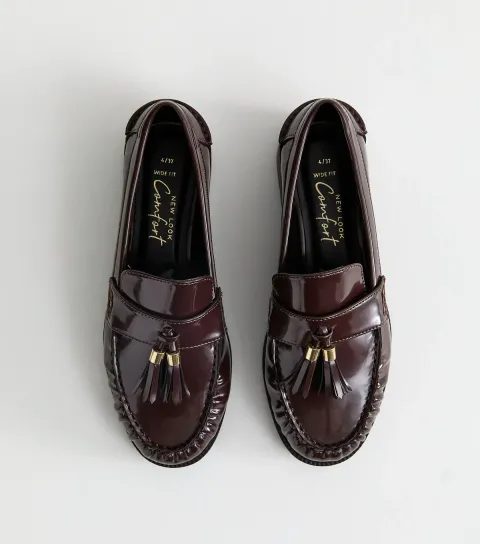Wide Fit Dark Burgundy Patent Faux Leather Tassel Detail Loafers Vegan