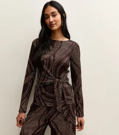 Brown Swirly Tie Front Long Sleeve Top