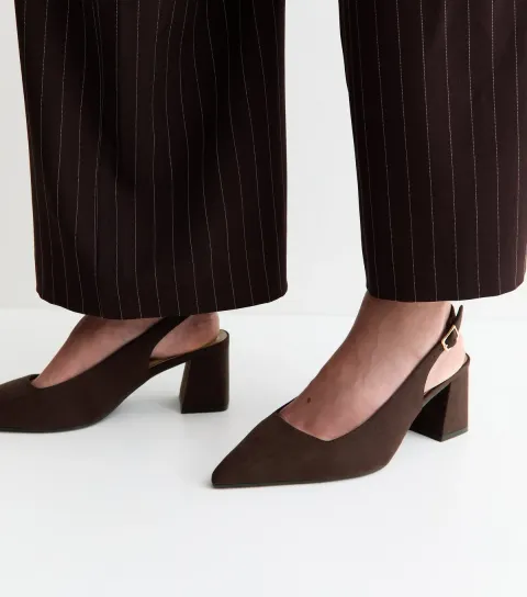 Wide Fit Dark Brown Faux Suede Block Heel Slingback Pumps Vegan