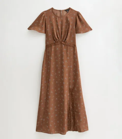 Brown Floral Print Lace Trim Flared Sleeve Midi Dress
