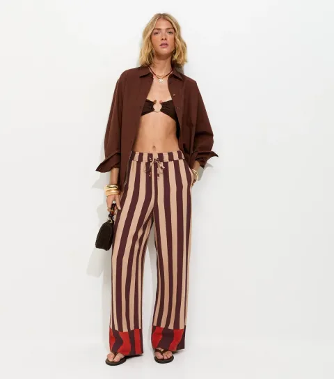 Brown Striped With Linen Wide Leg Trousers
