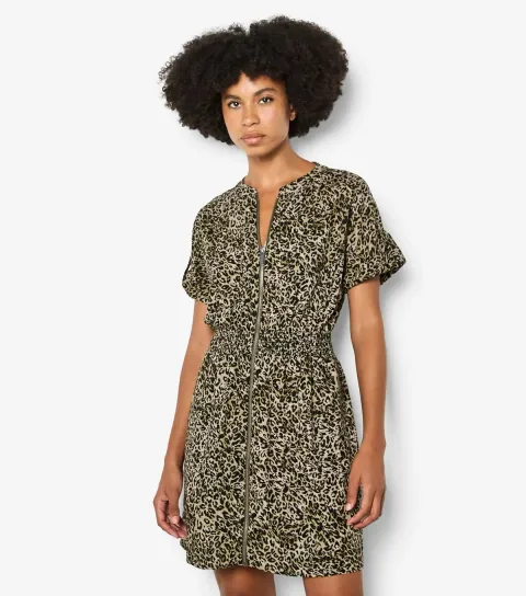 Dark Khaki Animal Print Zip Mini Dress