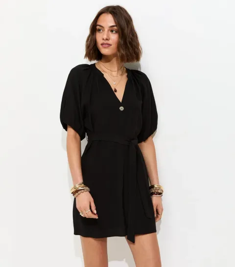 Black V-Neck Puff Sleeve Belted Mini Dress